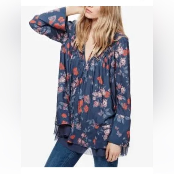 Free People Navy Floral Georgette Smocked Tunic - Picture 1 of 11